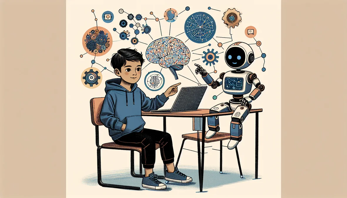 Child learning AI and coding with a friendly robot companion