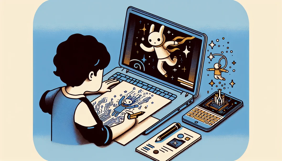 Kid building a video game in a game design class