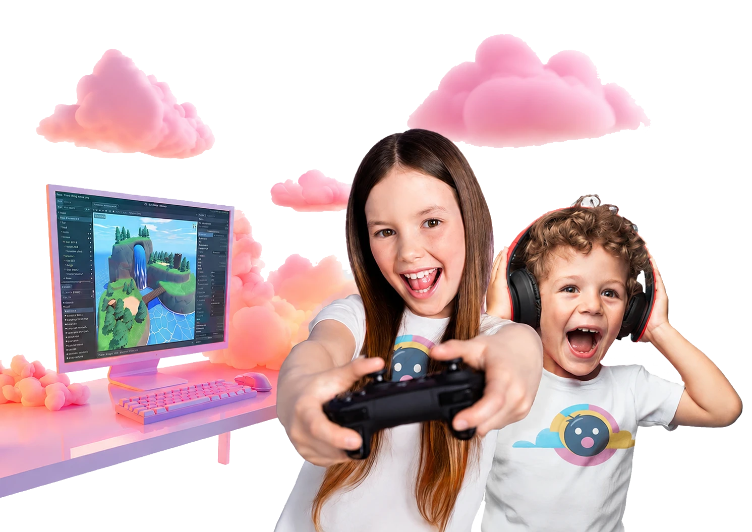 Excited kids learning game design and coding with Tech Tails